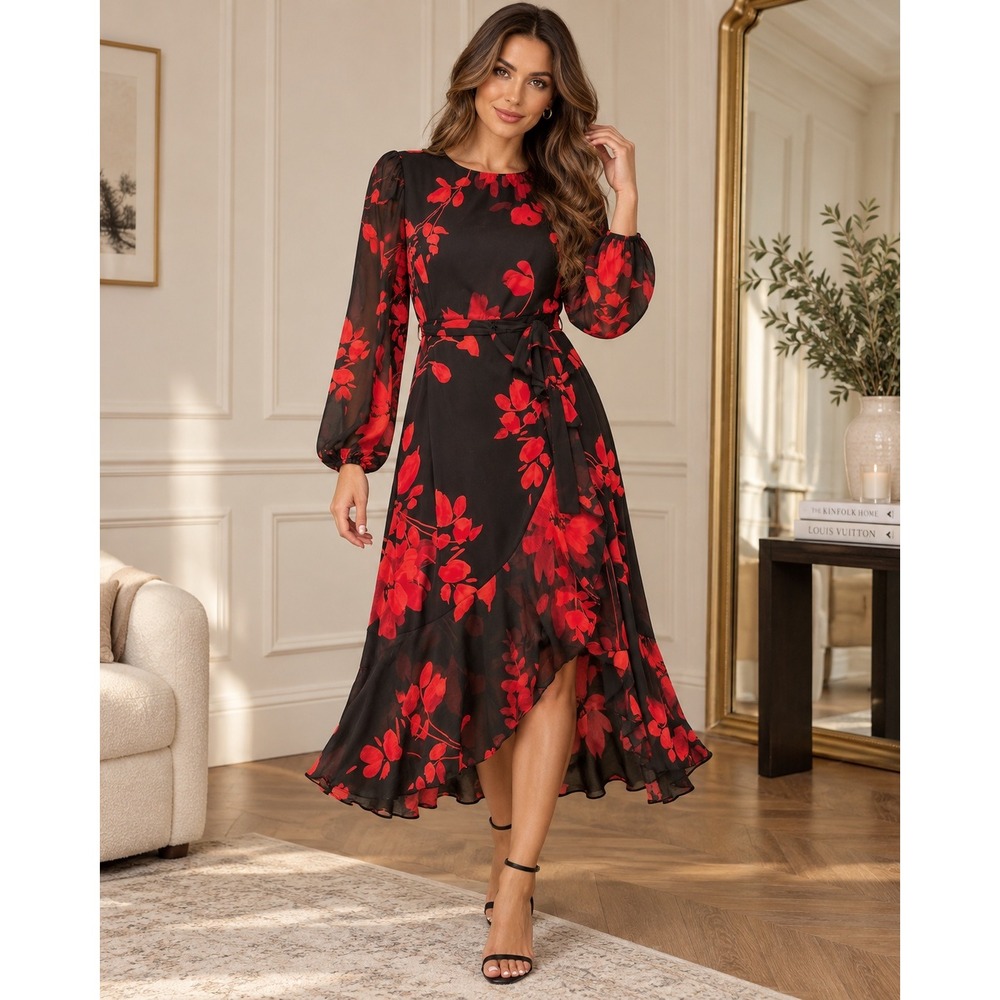 Tommy Hilfiger Womens Floral Faux Wrap Ruffle Midi Dress Black Red Size 16
